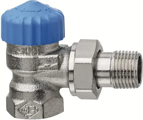 Thermostatventilunterteil in Eckform aus Metall, mit blauem Kunststoffkopf, für Heizungsanwendungen, hergestellt von IMI Hydronic Engineering.